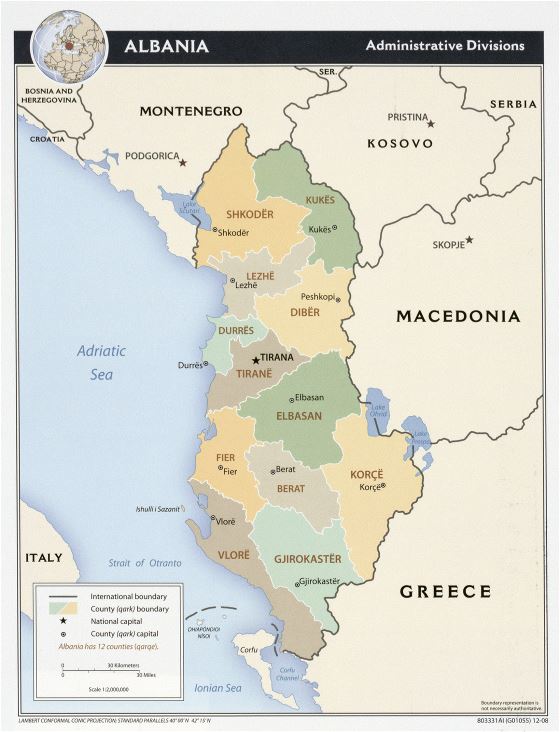 Large administrative divisions map of Albania - 2008