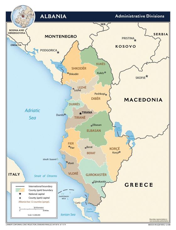 Large detailed administrative divisions map of Albania - 2008