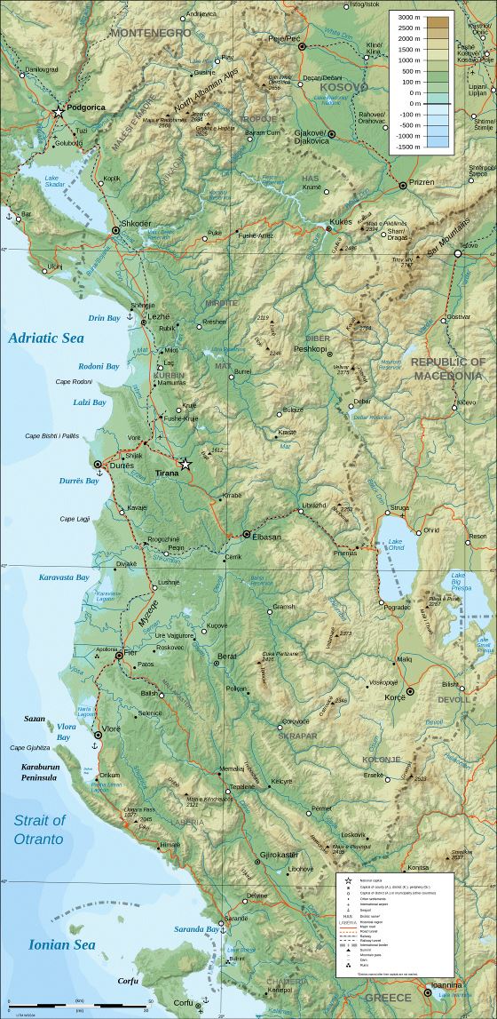 Large detailed physical map of Albania