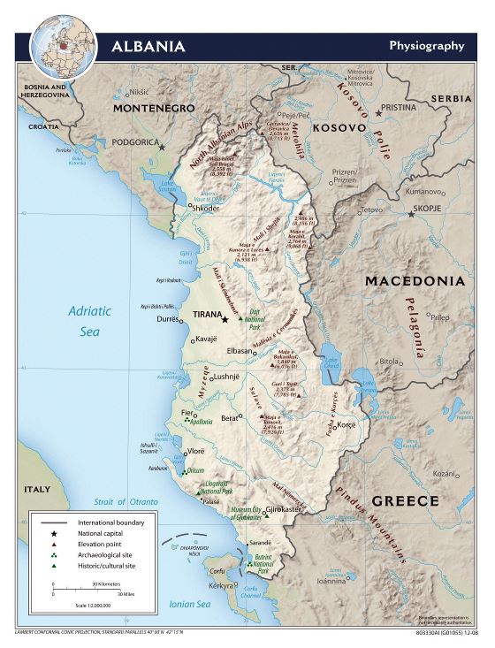 Large detailed physiography map of Albania - 2008