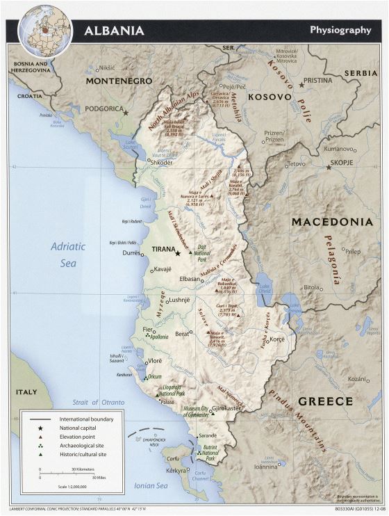Large physiography map of Albania - 2008