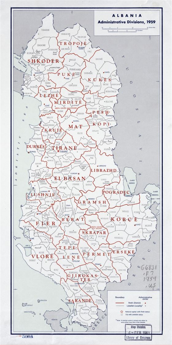 Large scale administrative divisions map of Albania - 1959
