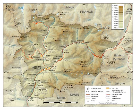 Large physical map of Andorra