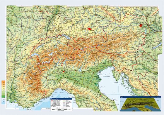 Large topographical map of Austria and neighboring countries