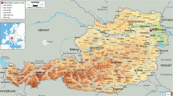 Physical map of Austria