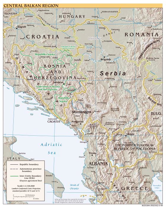 Large detailed political map of Central Balkan Region - 1999
