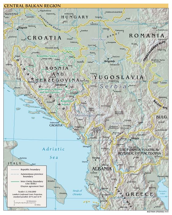 Large detailed political map of Central Balkan Region - 2001