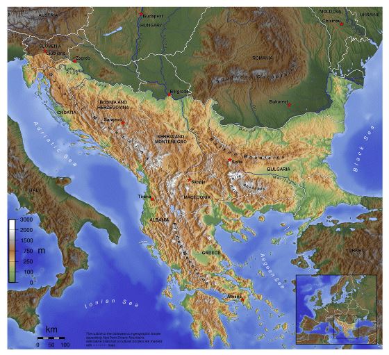 Topographical map of Balkans