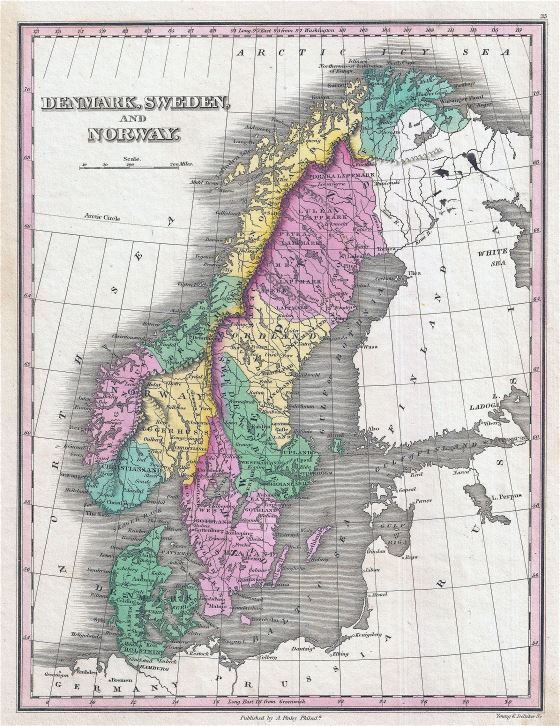 Large detailed old political map of Scandinavia - 1827