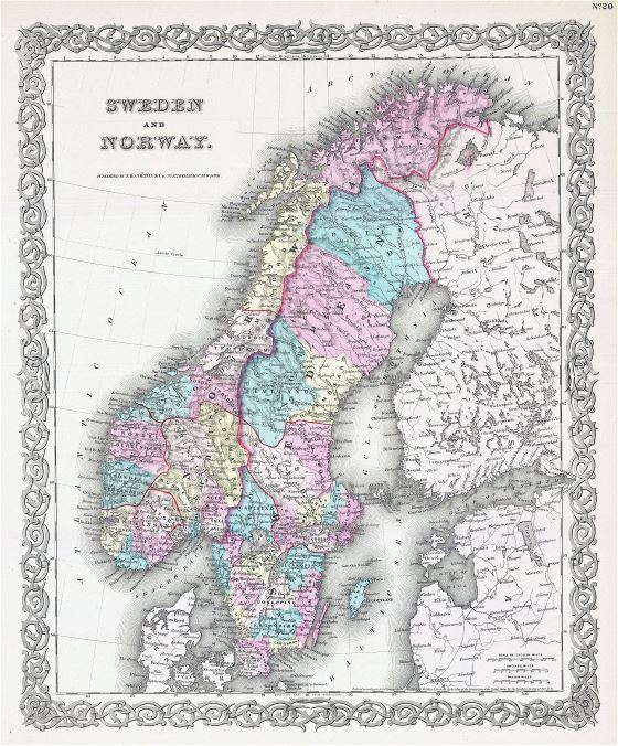 Large detailed old political map of Sweden and Norway - 1855