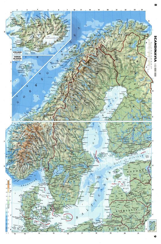 Large detailed physical map of Scandinavia