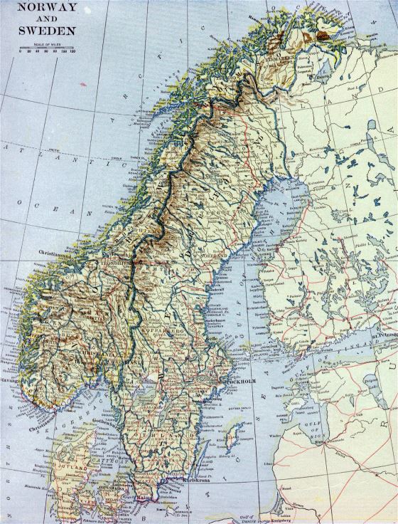 Large old map of Norway and Sweden - 1922