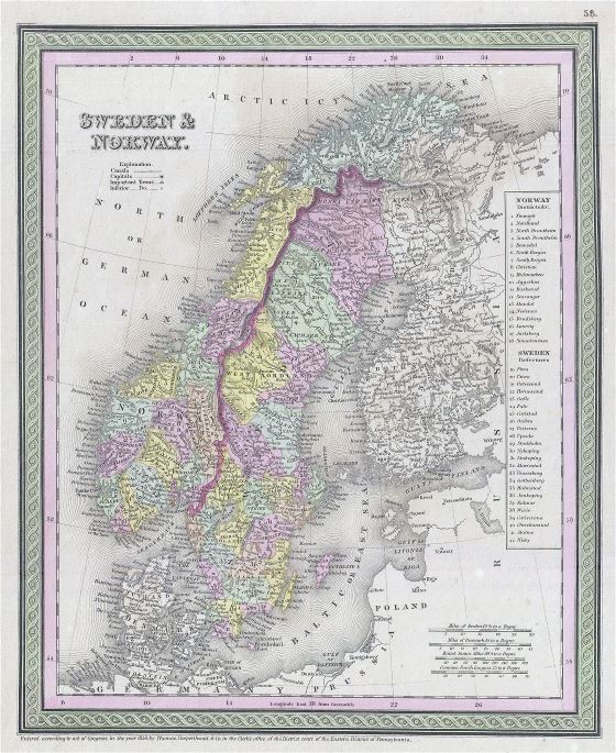 Large old political map of Sweden and Norway - 1850