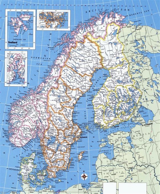 Large political map of Norway, Sweden, Finland and Denmark