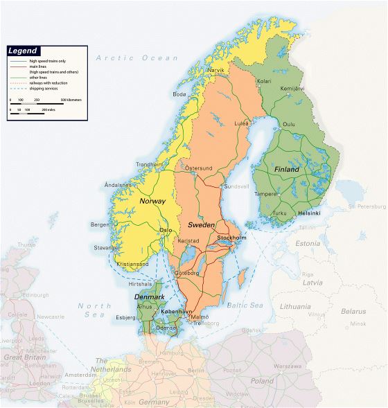 Large railways map of Scandinavia