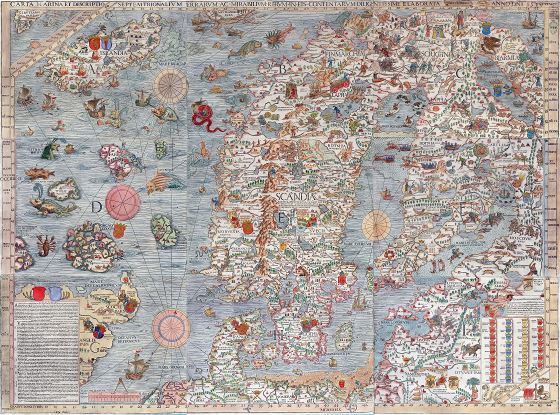 Large scale old illustrated map of Scandinavia