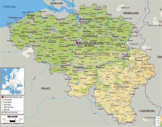 Physical map of Belgium