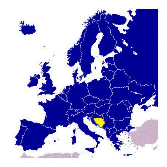 Bosnia and Herzegovina on map of Europe