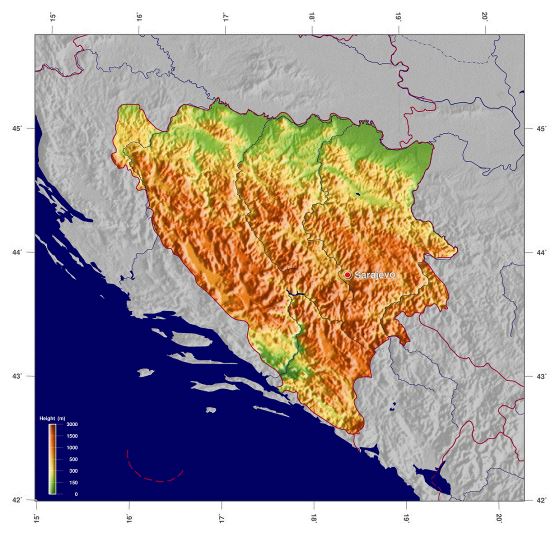 Elevation map of Bosnia and Herzegovina