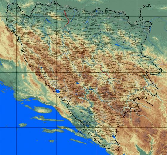 Large detailed relief map of Bosnia and Herzegovina