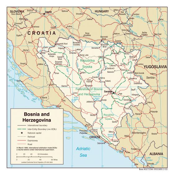 Large political and administrative map of Bosnia and Herzegovina - 2002