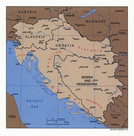 Large political map of Slovenia, Croatia and Bosnia and Herzegovina