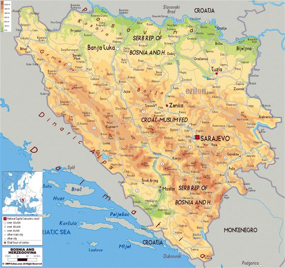 Physical map of Bosnia and Herzegovina