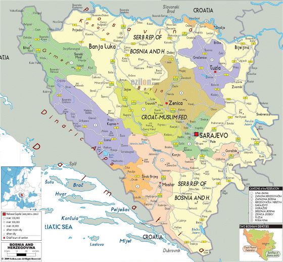 Political and administrative map of Bosnia and Herzegovina