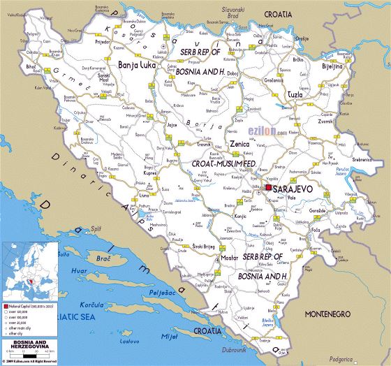 Road map of Bosnia and Herzegovina