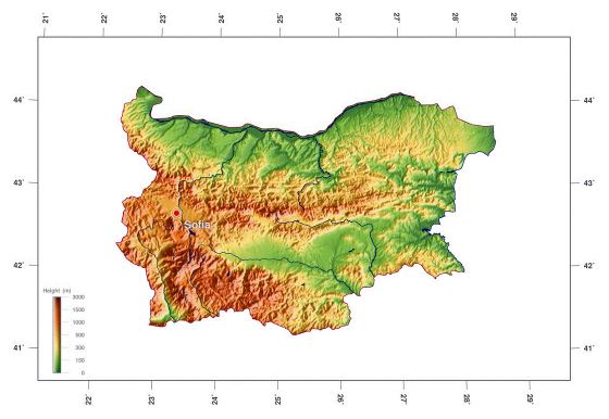 Elevation map of Bulgaria