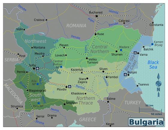 Large regions map of Bulgaria