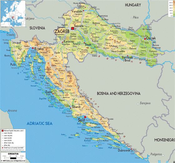 Physical map of Croatia