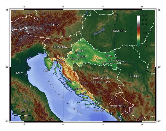 Physical map of Croatia