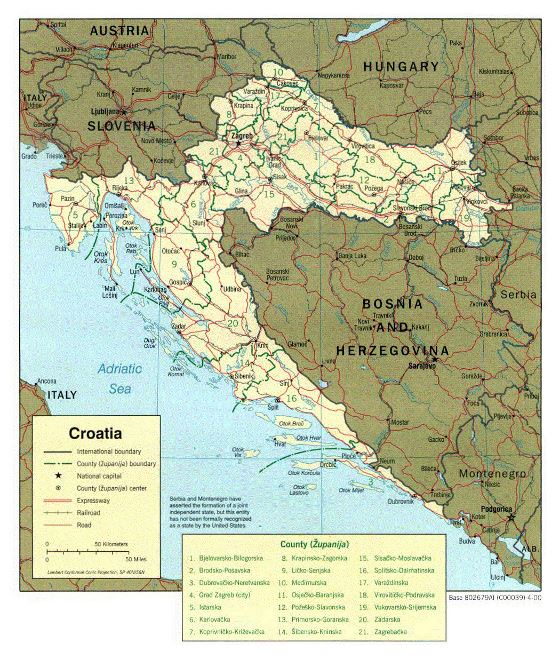Political and administrative map of Croatia - 2000
