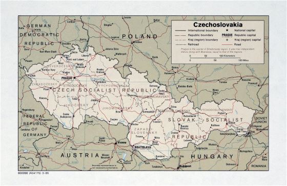 Large political and administrative map of Czechoslovakia - 1985