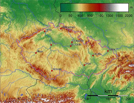 Physical map of Czech Republic