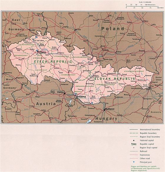 Political map of Czech Republic and Slovak Republic