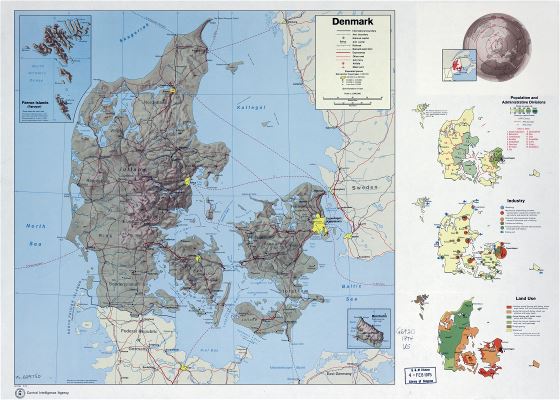 In high resolution country profile map of Denmark - 1974