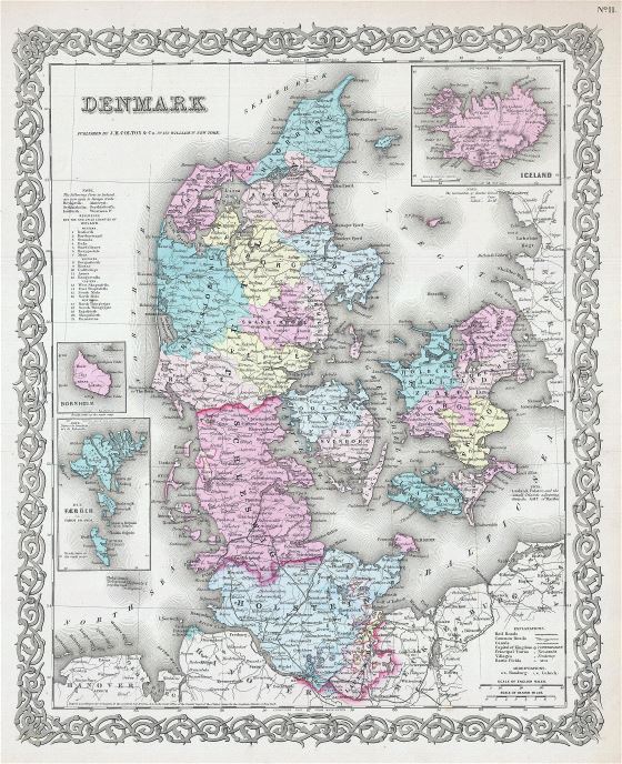 Large detailed old political and administrative map of denmark - 1855
