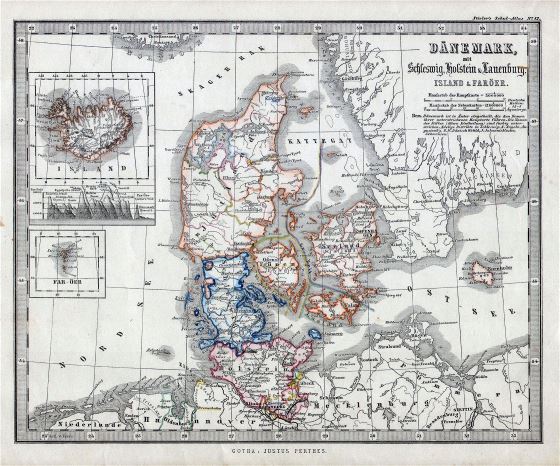 Large detailed old political and administrative map of Denmark - 1862