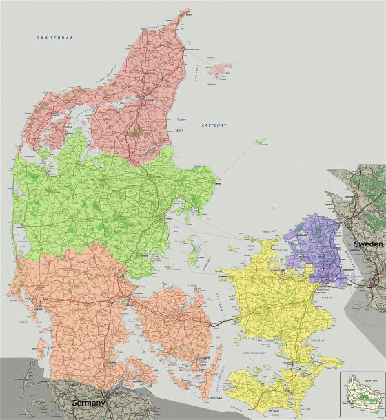 Large detailed road map of Denmark