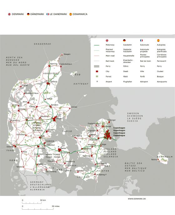 Large detailed road map of Denmark