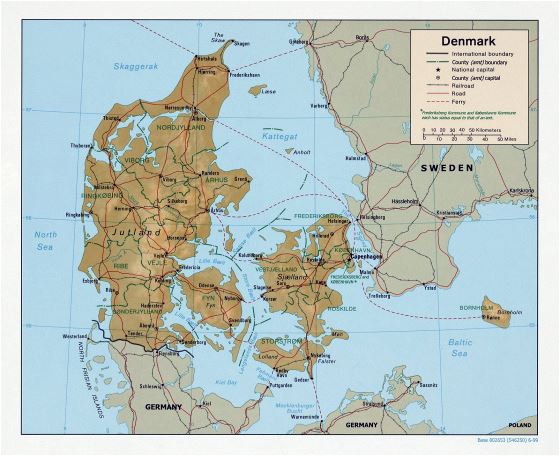 Large political and administrative map of Denmark - 1999