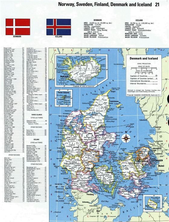 Large political and administrative map of Denmark and Iceland