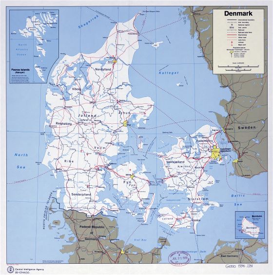 Large scale political and administrative map of Denmark - 1974