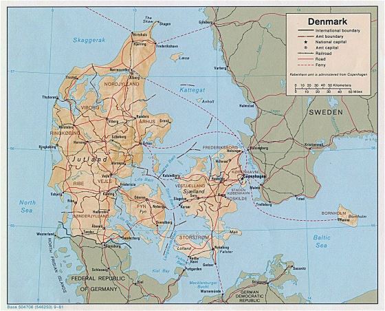 Political and administrative map of Denmark - 1981
