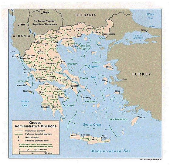 Administrative divisions map of Greece - 1996