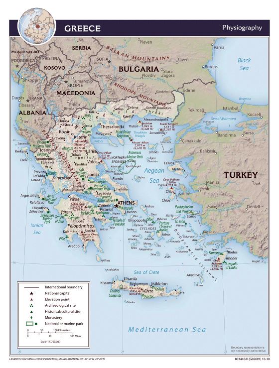 Large detailed physiography map of Greece - 2010