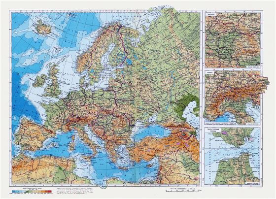 Large detailed physical map of Europe in russian
