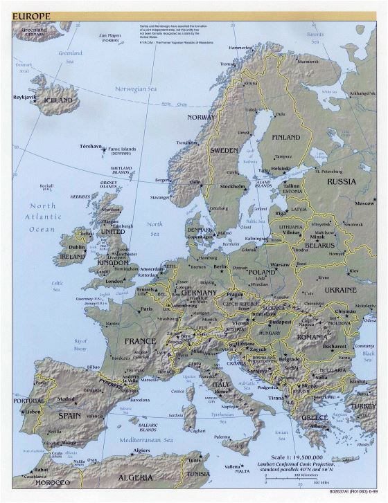 Large political map of Europe - 1999